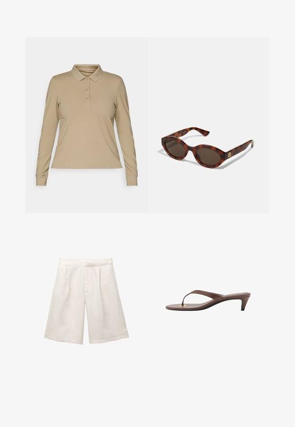 Beige pitkähihainen polo-paita sileästä kankaasta, jossa on kaulus ja kolme nappia, kapeat hihansuut ja suora helma.; Vaaleanbeige pellavashortsit, joissa on leveä lahje, etupuolella laskokset ja sileä vyötärö. Kangas on hieman tekstuurinen.; Kahvoit varrelliset flip-flop sandaalit, joissa on hoikka hihna ja pyöristetty varvasosa, sekä pieni kultainen yksityiskohta pohjalla.; Kilpikonnakuosiset aurinkolasit pyöreillä sangoilla, tummat linssit ja kultaiset logodetaljit sangoissa. Sujuva muovimateriaali, ei näkyviä kuvioita.
