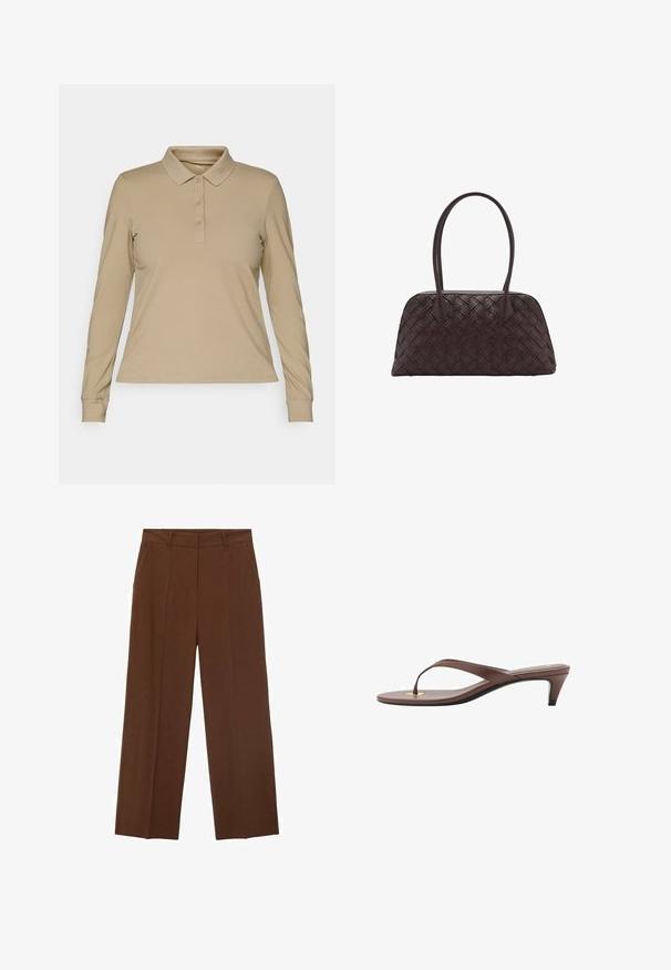Polo shirt bej cu mânecă lungă, dintr-un material neted, având un guler și o plachetă cu trei butoane, cu manșete ajustate și un tiv drept.; Pantaloni largi maro, confecționați dintr-un material fin, cu talie înaltă, având buzunare frontale și o pliu bine definit pe față.; Sandaș cu toc înalt, de culoare maro, cu o curea subțire și vârf rotunjit, având un mic accent auriu pe talpa interioară.; Geantă din piele maro țesută, cu formă rotunjită, mânere superioare duble și textură netedă; include cusături subtile pentru detalii de design.; Inele din rășină clară și chihlimbar, unul neted și transparent, iar celălalt cu o finisare texturată, de chihlimbar. Ambele au un design rotund și suculent.