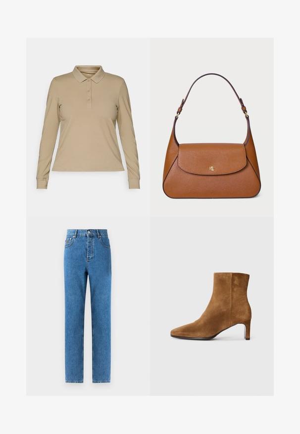 Ilgais rankovėmis smėlio spalvos polo marškinėliai, pagaminti iš lygaus audinio, su apykakle ir trimis mygtukais, su prigludusiomis rankovėmis ir tiesiu kraštu.; Mėlynos džinsinės kelnės vidutinio atspalvio, tiesaus kirpimo, su penkiomis kišenėmis, mygtukų sagstymu ir šviesiu nublukimu audinyje, kad suteiktų subtilų tekstūros skirtumą.; Rudi oda ankletai su smailiu priekiniu galu ir plonu vidutinio aukščio kulnu, šoninis vaizdas ant vienalytės baltos fono.; Ruda odininkė rankinė su struktūrizuota dizainu, plokščiu viršumi ir viena kreipta juosta. Papuošta auksinės spalvos detalėmis su reljefiniu logotipu.