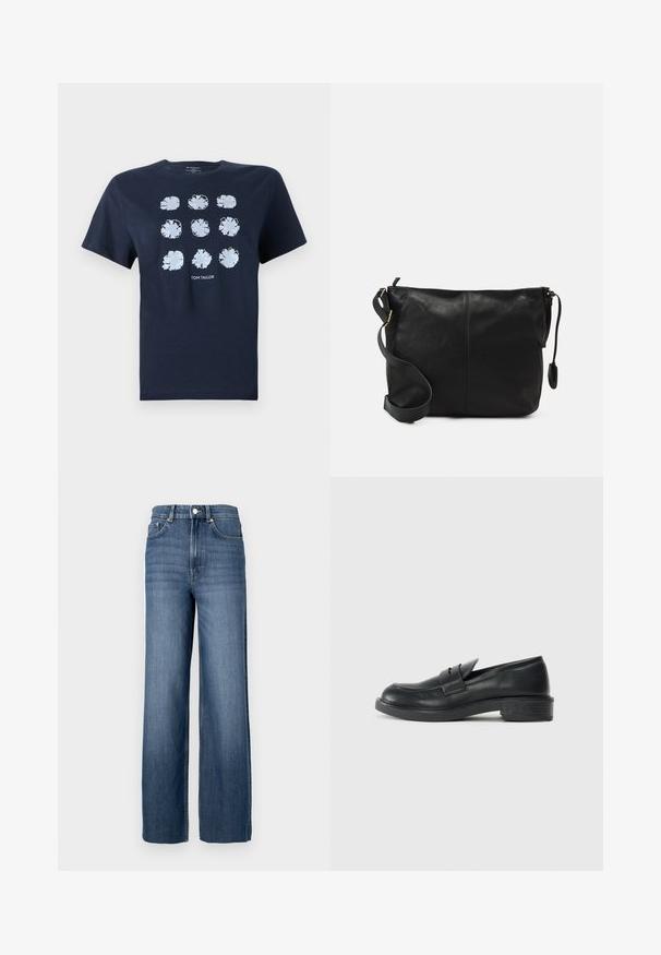 Modra bombažna majica s kratkimi rokavi, okroglo vratno odprtino in subtilnim logotipom na dnu, ki vsebuje mrežo devetih modrih cvetličnih oblik.; Modri jeans z visokim pasom in širokimi hlačnicami. Imajo klasičen pet-pocket dizajn in detajle iz kovinskega gumba.; Črne usnjene loafer čevlje z zaobljenim nosom, šivanim detajlom in majhnim peto. Gladka tekstura in fleksibilen gumijast podplat.; Črna usnjena torbica čez telo s ravno obliko, z zlatimi kovinskimi dodatki in nastavljivim trakom. Gladka tekstura z minimalnimi šivi.