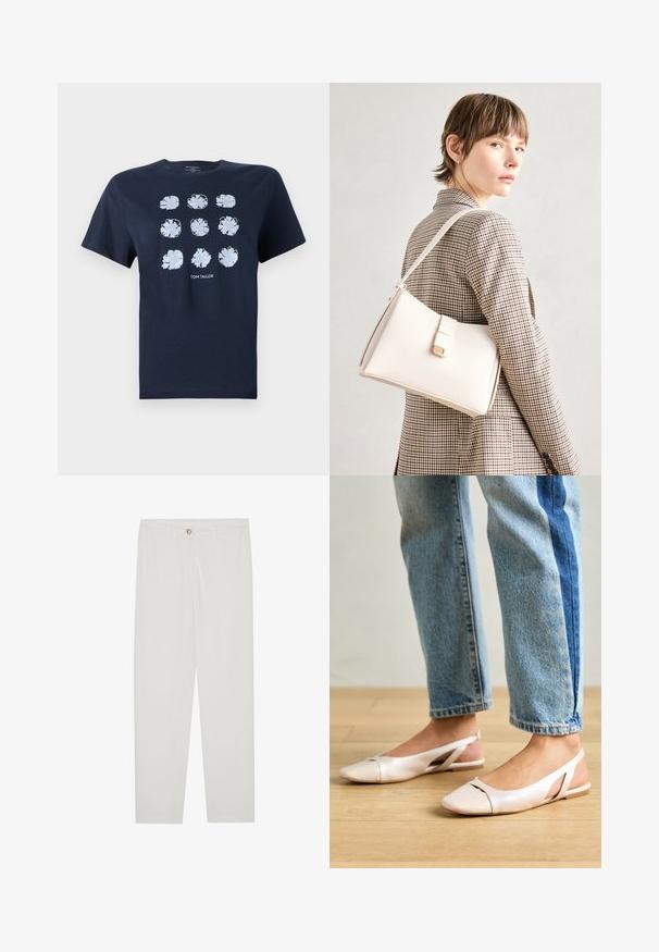 Camiseta de algodão azul marinho com um padrão de nove designs florais azuis, mangas curtas, gola redonda e detalhes sutis do logótipo na parte inferior.; Calças brancas, ajustadas, com um design de perna reta, apresentando um fecho de botão, passantes para cinto e bolsos laterais; textura de tecido suave.; Sapatilhas slingback de cor rosa pálido com bico fino, feitas de um material semelhante a couro liso. Apresentam detalhes recortados nas laterais e um salto plano.; Bolsa de mão em couro branco com um design estruturado, apresentando um fecho magnético e uma alça de ombro, exibida sobre um fundo neutro.