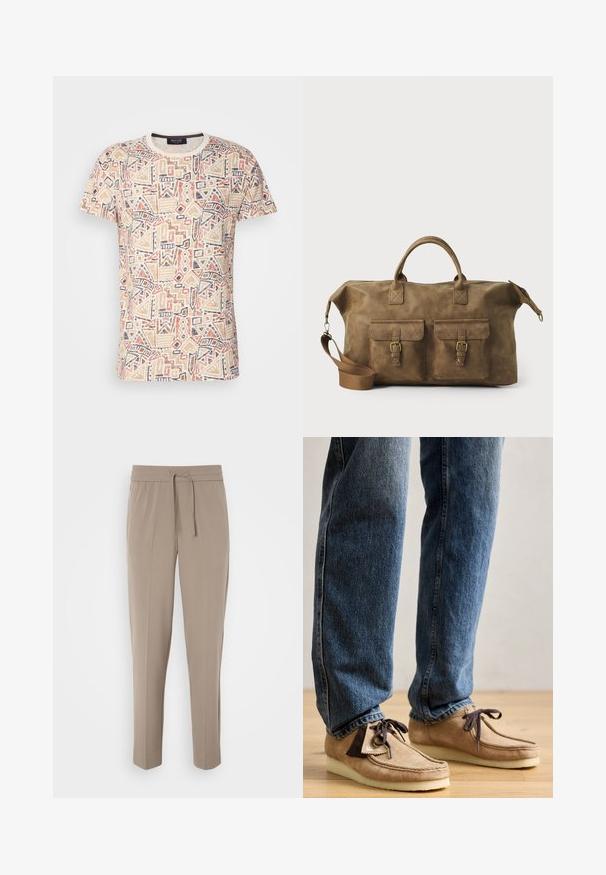 Korte mouw t-shirt van beige stof met geometrische patronen in oranje, marineblauw en bruin. Ronde hals met contrasterende afwerking.; Lichtbeige broeken met een elastische tailleband, verstelbare koord en taps toelopende pijpen. De stof lijkt glad met een lichte glans.; Suède mocassins in tan met een donkerbruin accent, ronde neus en een zachte witte zool. Beschikt over een vetersluiting en gestikte details.; Bruine leren weekendtas met twee voorzakken, verstelbare schouderband, gouden hardware en stevige handvatten aan de bovenkant. Strakke textuur.