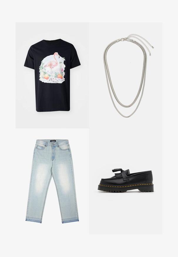 Black cotton t-shirt featuring a colorful flamingo design surrounded by plants and oranges, with a circular watercolor effect.; Pegador BARROW - Loose Jeans - sand washed blue; Black leather loafer with a tasseled accent, featuring a chunky black sole and yellow stitching along the edge. Textured finish.; Three-layered silver metal necklace featuring sleek, flexible chains with a slight sheen, secured with a lobster clasp and adjustable chain.