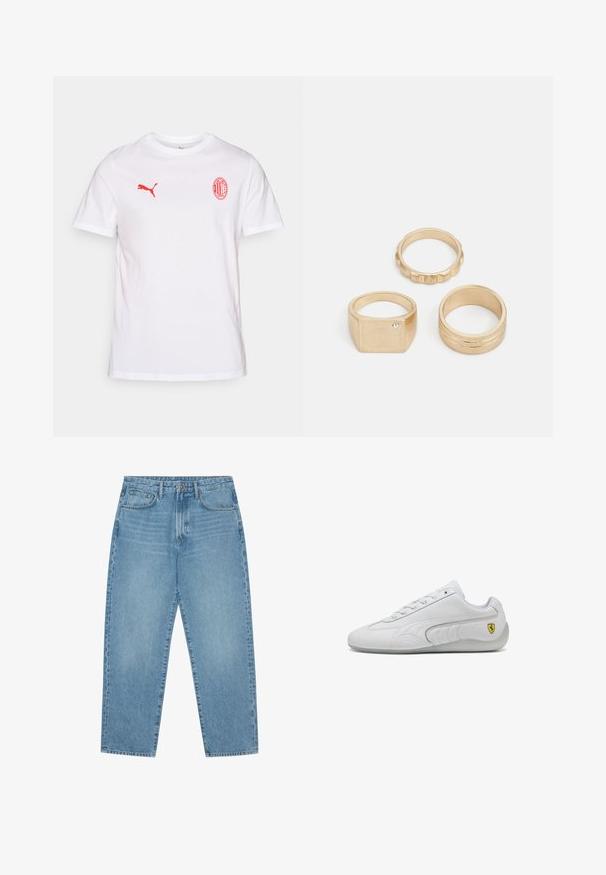White cotton t-shirt featuring a red Puma logo on the left chest and a red AC Milan emblem, with short sleeves and a crew neck design.; Light blue denim wide-leg jeans with a high waist, featuring five pockets, belt loops, and a soft, slightly faded texture.; White athletic shoe with a smooth leather upper, lace-up design, and textured side panels. Features a small yellow Ferrari logo.; Three gold rings: a square-shaped ring with a small stone, a textured band with ridges, and a smooth, polished band with two grooves.