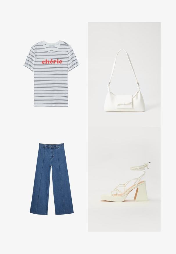 Anna Field T-shirt med print - white; Vidbenade denimjeans i medelblått, med hög midja, knäppning och kontrasterande vertikala sömdetaljer längst fram.; Vit högklackad sandal med en kraftig klack, med ett remdesign och ankelband. Slät textur med en plattform framtill för ökad höjd.; Vit syntetisk handväska med triangulär form, platt framklaff och rosettdetalj, justerbar rem, slät textur och minimalistisk design.