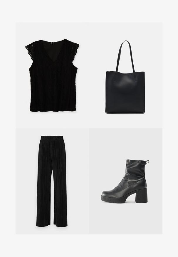 Fekete csipke blúz V-kivágással és fodros ujjakkal. Puha textúrájú, virágmintás felülettel.; Fekete pliszírozott nadrág gumis derekkal. Széles lábakkal rendelkezik, sima, texturált anyagból készült, függőleges csíkokkal.; Fekete bokacsizmák sima bőrből, oldalsó cipzárral, vastag, texturált sarkú és lekerekített orrú dizájnnal.; Fekete bőrtáska sima felszínnel, téglalap alakú, két hosszú füllel. Nincs látható fémkiegészítő vagy díszítés.