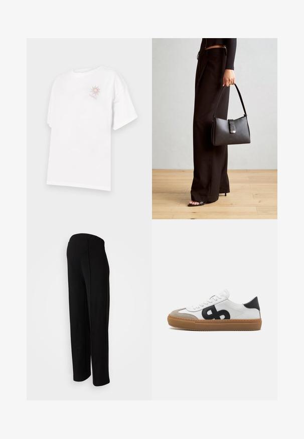 Bílá bavlněná tričko s volným střihem, s malou grafiku slunce v béžové a růžové barvě na levé části hrudníku. Krátké rukávy.; Černé vysoké kalhoty s rovný fit, s hladkou texturou a bez viditelných zapínání, zvýrazněné detaily po bočních švech.; Bílé kožené tenisky s černým logem, semišovými detaily a gumovou podrážkou. Vlastnosti zahrnují ploché bílé šňůrky a zaoblený tvar špičky.; Černá kabelka se strukturovaným tvarem, hladkým povrchem a kovovým uzávěrem. Kombinována s širokými černými kalhotami a sandály s otevřenou špičkou na dřevěné podlaze.