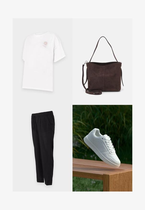 Balta medvilninė marškinė su laisvu kirtimu, kuriuose kairėje krūtinės pusėje yra mažas saulės grafikas rusvos ir rožinės spalvos. Trumpomis rankovėmis.; Juodi kelniai su elastinga juosmens juosta, šoninėmis kišenėmis, siaurėjančiomis kojomis ir sukniubusiais manžetais. Pagaminti iš švelnaus, lengvo audinio.; Balti sneakeriai su lygia sintetine viršutine dalimi, perforuota pirštų zona, plokščiomis raištelėmis ir tekstūruotu padu, padėti ant medinės paviršiaus.; Ruda suede audinė su minkšta tekstūra, turinti vieną petį ir subtilų kreivinį viršutinį atidarymą. Matomų metalinių detalių nėra.