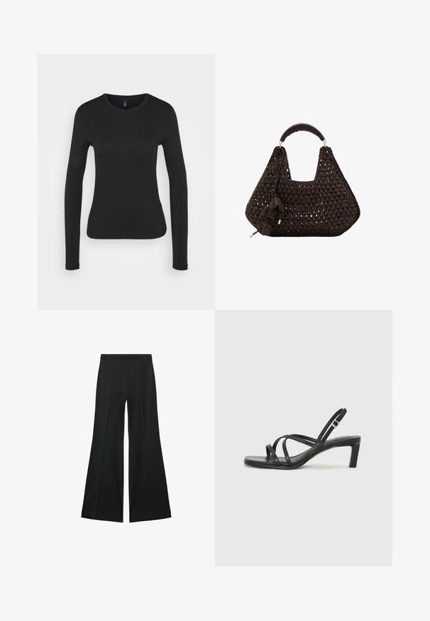 Schwarzes Langarmshirt aus weichem Stoff. Mit Rundhalsausschnitt, slim fit und mittigen Nähten. Keine sichtbaren Logos oder Muster.; Schwarze weit geschnittene Hose mit glatter Textur, ausgestattet mit Frontfalten und einem taillierten Design. Der Stoff ist leicht und fließend.; Schwarze Sandale mit Riemchen, quadratischer Zehenform und niedrigem Blockabsatz. Verfügt über mehrere dünne Riemen und einen verstellbaren Knöchelriemen. Hergestellt aus glattem Leder.; Braune gehäkelte Handtasche mit runder Form, einem strukturierten Webmuster und einem glatten, gewickelten Henkel. Mit einer dekorativen Quaste.