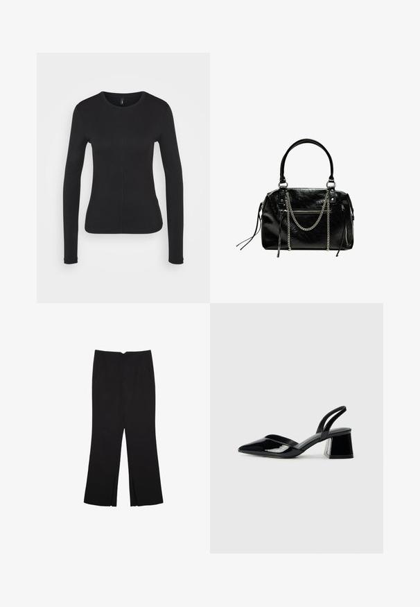 Čierna dlhá rukávová košeľa z mäkkého materiálu. Má okrúhly výstrih, slim fit a detaily pozdĺžneho švu. Bez viditeľných log a vzorov.; Čierne nohavice so strihom rovného strihu, s prednými vreckami a bočnými rozparkami na leme. Vyrobené z mäkkej, hladkej tkaniny. Vhodné na rôzne príležitosti.; Čierne lakované kožené sandálové podpätky s špicatou špičkou a geometrickým blokovým podpätkom. Disponujú elegantným, minimalistickým dizajnom a hladkým povrchom.; Bershka WITH CHAIN - Kabelka - black