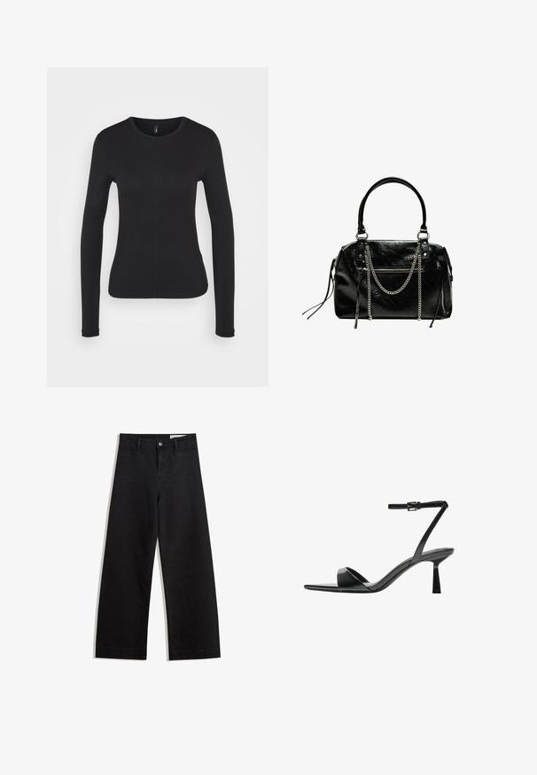 Cămașă neagră cu mânecă lungă dintr-un material moale. Are un guler rotund, croi slim și detalii cu cusături centrale. Fără logo-uri sau modele vizibile.; Pantaloni din denim negri cu picioare largi, cu talie înaltă, având buzunare frontale și posterioare, cusături dublate și închidere cu nasture. Textură netedă.; Bershka Sandale cu toc - black; Bershka WITH CHAIN - Geantă de mână - black