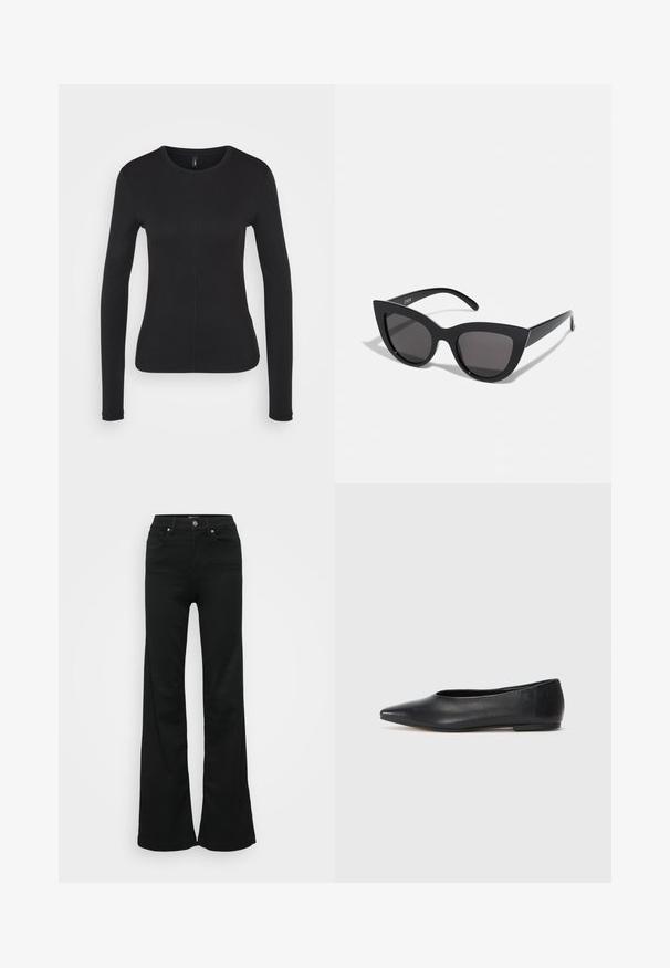 Sort langærmet skjorte i blødt stof. Har en rund hals, slim fit og detaljer med midtersøm. Ingen synlige logoer eller mønstre.; Sorte flared jeans lavet af denim, med høj talje, fem lommer og metalknaplukning. Glat tekstur med minimal dekoration.; Sort læder balletflade, spidse tæer, minimalistsk design, glat tekstur, lav hæl, ingen synlig hardware eller udsmykninger.; Sorte cat-eye solbriller med mat finish, der har grå tonede linser, skarpe vinkler og slanke sidearme. Mærkenavnet er synligt på den indre arm.