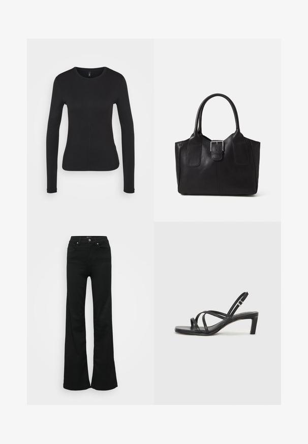Czarna koszula z długim rękawem z miękkiego materiału. Posiada okrągły dekolt, dopasowany krój i detale wzdłuż centralnego szwu. Brak widocznych logo lub wzorów.; Czarne dżinsy w kształcie dzwonu wykonane z denimu, z wysokim stanem, pięcioma kieszeniami i metalowym zapięciem. Gładka faktura z minimalnym zdobieniem.; Czarne sandały na obcasie z prostokątnym noskiem i niskim słupkowym obcasem. Posiadają wiele cienkich pasków i regulowany pasek na kostkę. Wykonane z gładkiej skóry.; Czarna skórzana torba tote o gładkiej fakturze, usztywnionym kształcie, dwóch uchwytach oraz wyraźnym srebrnym zapięciu na przodzie.