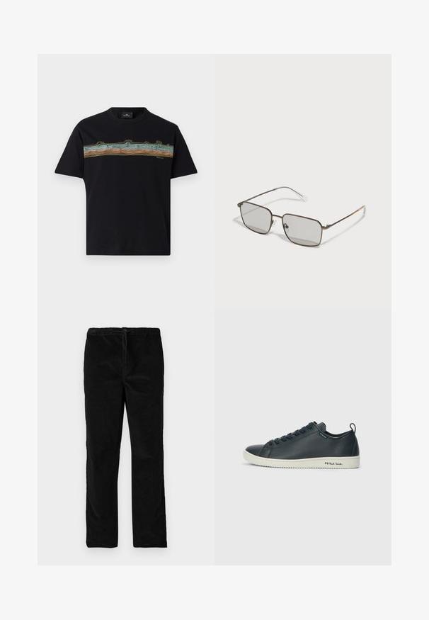 Svart t-shirt med en horisontell, flerfärgad linje-design i blått, orange och gult. Kort ärm och rund hals.; Svarta raka sammetbyxor med elastisk midja och framtida dragsko, uppvisade mot en enkel vit bakgrund.; Mörkblå lädersneaker med en slät finish, rund tå, sex ögla snörning och kontrasterande vit gummisula. Har varumärke på sidan.; Bruna metallramade solglasögon med fyrkantiga linser, gråtonade linser, klara bågspetsar och en orange accent på bågarna.