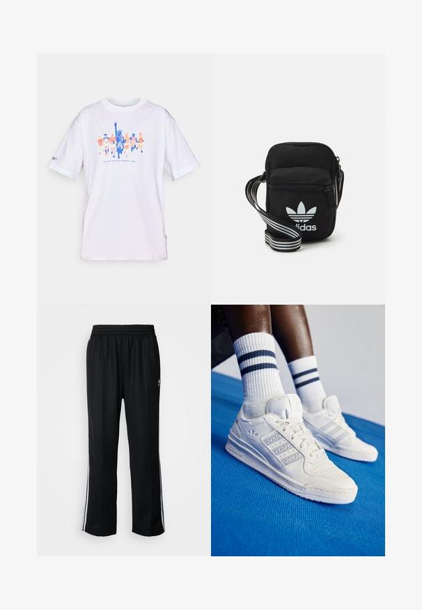 Balta T-kreklu ar krāsainiem skrējējiem un Brīvības statuju grafikā, uz kura priekšpuses ir uzraksts "tcs Ņujorkas pilsētas maratons 2025".; Melni sporta bikses ar elastīgu jostas vietu, kurām ir baltas sānu svītras un neliels logotips. Materiāls izskatās mīksts un viegls.; Baltas ādas sneakeri ar perforētiem akcentiem, trim metāliskiem svītrām un strukturētu sānu paneļu. Valkāti ar baltiem zeķēm, uz kurām ir zilas svītras.; Melna auduma crossbody soma ar rāvējslēdzēja aizdari, kurai ir balts Adidas logo un svītrainas regulējamas siksnas ērtiem pārvietošanās veidiem.