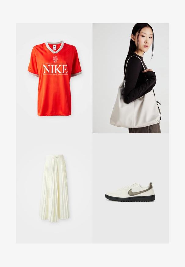 Röd Nike-tröja med V-hals, grå kant på ärmarna och stor vit "NIKE"-logotyp. Slät, lättviktig tyg med subtilt randigt mönster.; Plisserad midikjol i ljusgul tyg, med ett elastiskt midjeband med en knut, slät textur och vertikala ränder för extra detalj.; Nike Sportswear FIELD GENERAL - Sneakers - off-white/black; Beige handväska tillverkad av mjukt material, med en avslappnad design, sydda detaljer och två axelremmar. Lämplig för dagligt bruk.