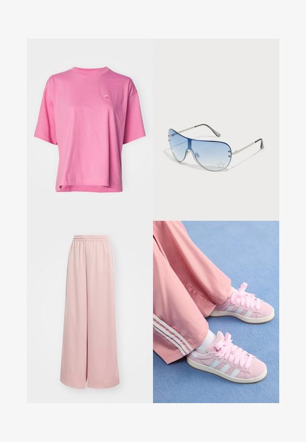 Carhartt WIP CHESTER - Základné tričko - charm pink; Svetloružové široké nohavice s elastickým pásom. Hladká tkanina s bočnými vreckami a jemným brandingom na ľavom stehne.; Ružové športové topánky so svetlomodrými pruhmi, okrúhlou špičkou a hrubými ružovými šnúrkami, kombinované s ružovými športovými nohavicami so bielymi bočnými pruhmi.; Pilotné slnečné okuliare s prechodovým modrým sklom, strieborným kovovým rámom a ozdobnými hviezdičkovými akcentmi na sklách. Hladký a elegantný dizajn.