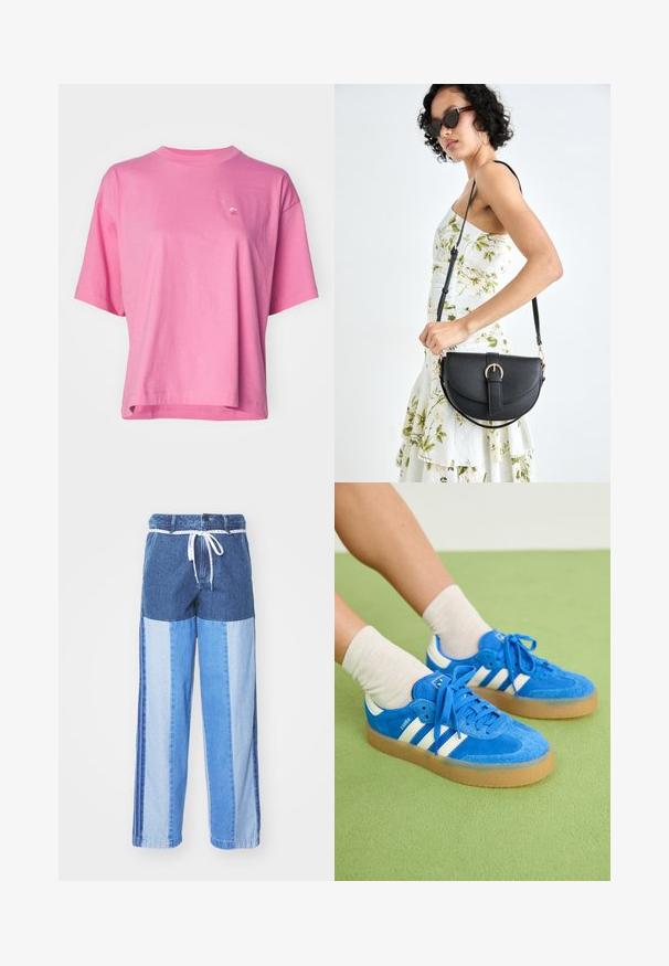 Carhartt WIP CHESTER - Pamata T-krekls - charm pink; Zilā džinsa bikses ar pārlikuma dizainu, kas sastāv no dažādiem zilās krāsas toņiem, ar auklu jostu un brīvām, taisnām kājām.; Zilas zamšsneakers ar baltām apdare, gumijas zole, apaļā purngalā un auduma šņorēm. Saskaņoti ar krēmkrāsas zeķēm uz zaļas virsmas.; Melnas ādas rokassoma ar izliekta formu, noņemamu siksnu un zelta aksesuāriem. Somai ir vāciņš ar sprādzes detaļu.