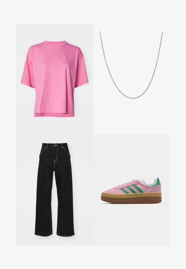 Carhartt WIP CHESTER różowy; Czarne dżinsy o szerokich nogawkach, wykonane z denimu, z kontrastowym białym szwem i zapięciem na guzik z przodu, posiadające dwie ukośne kieszenie z przodu.; Różowe zamszowe sneakersy z zielonymi paskami, białymi akcentami i brązową gumową podeszwą. Posiadają teksturowany materiał i detale logo po boku.; Srebrny naszyjnik z łańcuchem o gładkim, okrągłym, płaskim designie. Posiada błyszczące wykończenie i ma około 20 cali długości.