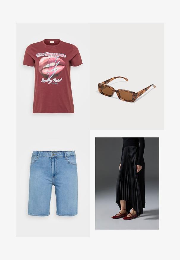 Maroon lyhythihainen t-paita, jossa on graafinen kuva huulista ja salamaniskusta, sekä tekstit "The Renegade" ja "Rocking Ribs '95 Tour".; Vaaleansinisiä farkkushortseja klassisella leikkauksella, joissa on etunappikiinnitys, vyölenkit ja kaksi sivutaskua. Pehmeä pinta ja suora helma.; Musta pleatattu hame, jossa on korkea-matala helma, yhdistettynä kiiltäviin punaisiin ballerinoihin, joissa on nauhasuunnittelu. Kangas on sileä.; Aurinkoaurinkolasit kilpikonnakuosisilla, suorakulmaisilla ruskeilla linsseillä, paksulla kehysrakenteella ja ohuilla varsilla, joissa on vaihtelevaa ruskean sävyä.; Hope-silver rengas, joissa on sileä ja kiillotettu pinta. Pyöreä muoto ja turvallinen napsautettava lukitus. Kevyt muotoilu sopii päivittäiseen käyttöön.