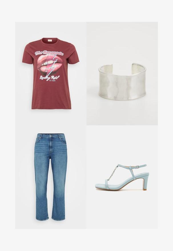 Bordový tričko s krátkým rukávem, na kterém je grafika rtů a blesku, s texty "The Renegade" a "Rocking Ribs '95 Tour".; Světle modré džíny s rovnými nohavicemi, obsahující pět kapes, poutka na opasek a jemné vyblednutí v přední části.; Světle modré sandály na vysokém podpatku s kotníkovým páskem a čtveratou špičkou, s kovovým akcentem a elegantní, hladkou koženou texturou.; Zign Náramek - silver-coloured