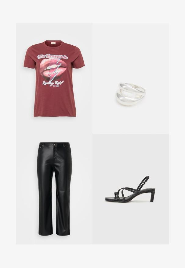 Bordo majica kratkih rukava s grafikom usana i munje, uz natpis "The Renegade" i "Rocking Ribs '95 Tour".; Crne hlače od umjetne kože ravnog kroja, s petljama za pojas, prednjim džepovima i zatvaranjem na zip s gumbom. Glatka tekstura.; Crne sandale s trakama, kvadratnim prstom i niskom blok petom. Ima više tankih trakica i podesivu trakicu oko gležnja. Izrađene su od glatke kože.; Srebrna dvostruka prsten s glatkom, poliranom površinom. Karakterizira ga fluidan, zakrivljen dizajn s preklapajućim sekcijama za moderan izgled.