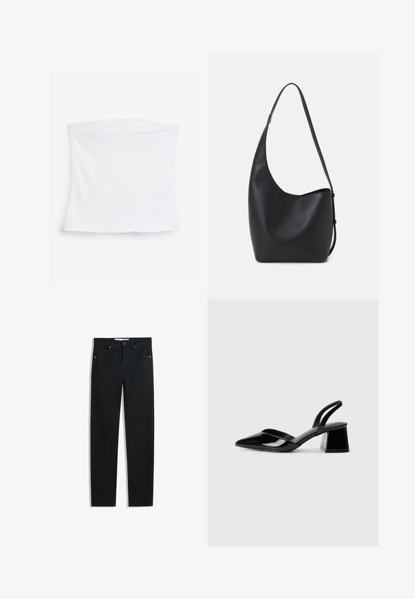 Top tube bianco elasticizzato realizzato in morbido tessuto di cotone. Design semplice con taglio dritto e texture liscia, senza motivi o accentuazioni visibili.; Pantaloni in denim nero con design a gamba dritta, cinque tasche, chiusura con bottone metallico e dettagli di cucitura sottili. Texture liscia.; Décolleté in vernice nera con punta affusolata e tacco in geometria cubica. Presentano un design elegante e minimalista, con una texture liscia.; Borsa hobo nera in pelle con una superficie liscia, forma curvata e una singola tracolla regolabile; presenta un'ampia apertura nella parte superiore.
