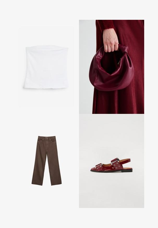 Witte, rekbare tube-top gemaakt van zacht katoen. Eenvoudig ontwerp met een rechte snit en een gladde textuur, zonder zichtbare patronen of accenten.; Brede bruine spijkerbroek van denim, met een hoge taille, voorzakken en een klassieke knoopsluiting. Soepele textuur met subtiele stiksels.; Bordeaux glanzend leren slingback-schoenen met een spitse neus, voorzien van twee verstelbare gespsluitingen en accenten van zilverhardware.; Bordeaux leren handtas met een zacht, gegathered ontwerp en een ronde vorm. De handgreep is stevig bevestigd en toont een gladde textuur.