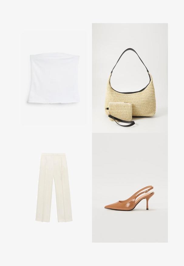 Top alb, elastic, fabricat din bumbac moale. Design simplu cu o croială dreaptă și textură netedă, fără modele sau accente vizibile.; Pantaloni cu picioare largi, de culoare crem deschis. Realizați dintr-un material neted, cu plisuri în față și buzunare laterale.; Pantofii cu toc slingback, cu vârful ascuțit, dintr-un material tan neted și strălucitor. Prezintă un design cu decupaj curbat și un toc subțire stil stiletto. Detaliu cu cataramă argintie.; Geantă din paie țesută, cu o siluetă curbată, având o curea din piele neagră netedă și un plic mic asortat, atașat printr-un breloc pentru încheietură.