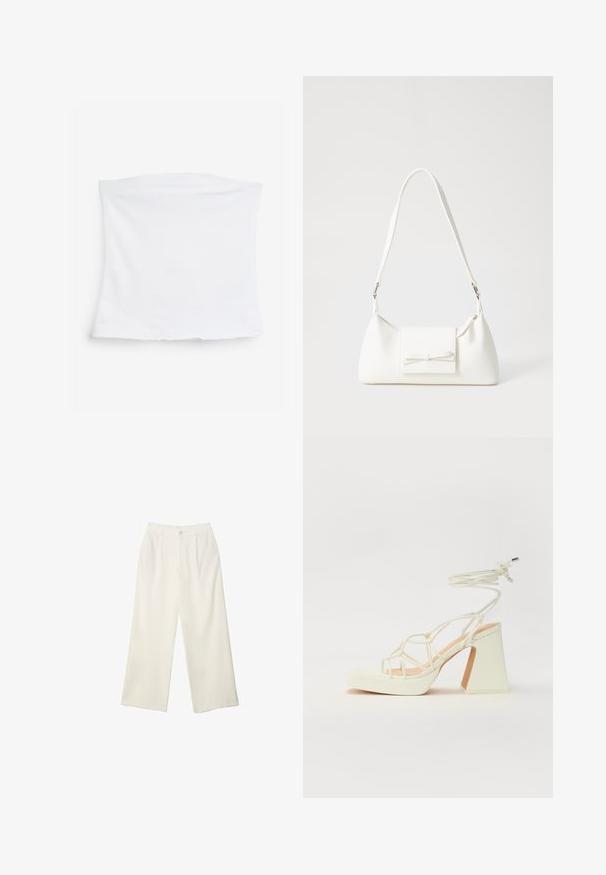 Top tube bianco elasticizzato realizzato in morbido tessuto di cotone. Design semplice con taglio dritto e texture liscia, senza motivi o accentuazioni visibili.; Pantaloni a gamba larga in tessuto crema con una texture liscia, caratterizzati da un singolo bottone frontale, pieghe sottili e un design a vita alta.; Sandalo bianco con tacco alto, caratterizzato da un design a cinturini e un legaccio alla caviglia. Texture liscia con una piattaforma frontale per un'altezza aggiuntiva.; Borsa sintetica bianca a forma triangolare, con patta anteriore piatta e dettaglio a fiocco, tracolla regolabile, texture liscia e design minimalista.