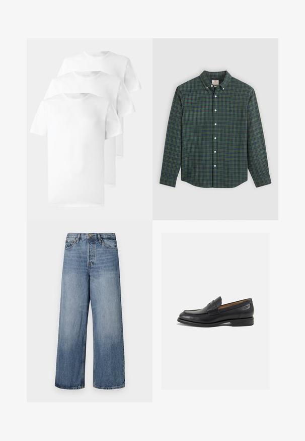 Trzy białe koszulki wykonane z bawełny, z okrągłym dekoltem, krótkim rękawem i gładką, jednolitą fakturą bez widocznych wzorów lub akcentów.; Koszula z długim rękawem, zapinana na guziki, w zielono-niebiesko-żółtą kratkę, z białymi guzikami i kołnierzykiem zapinanym na guziki.; Szerokie niebieskie dżinsy z przetarciami, pięcioma kieszeniami i zapięciem na guzik. Wyposażone w szlufki na pasek i przeszycia dekoracyjne.; Czarne skórzane mokasyny o gładkim wykończeniu, zaokrąglonym nosku i dekoracyjnym przeszyciu na cholewce. Niski, warstwowy obcas i delikatny połysk.