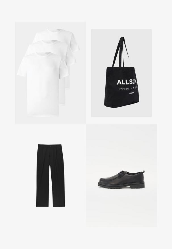 Tre t-shirt bianche in cotone, con collo rotondo, maniche corte e una superficie liscia e uniforme, senza motivi o decorazioni visibili.; Pantaloni neri con un design a gamba dritta, realizzati in un tessuto liscio. Presentano pieghe frontali e una chiusura a un bottone in vita.; Scarpe in pelle nera con punta arrotondata, cuciture strutturate, design a profilo basso e suola in gomma con profonde scanalature per una migliore aderenza.; Borsa tote in tela nera con due manici lunghi, con testo bianco "ALLSAINTS" e caratteri aggiuntivi in un font moderno.