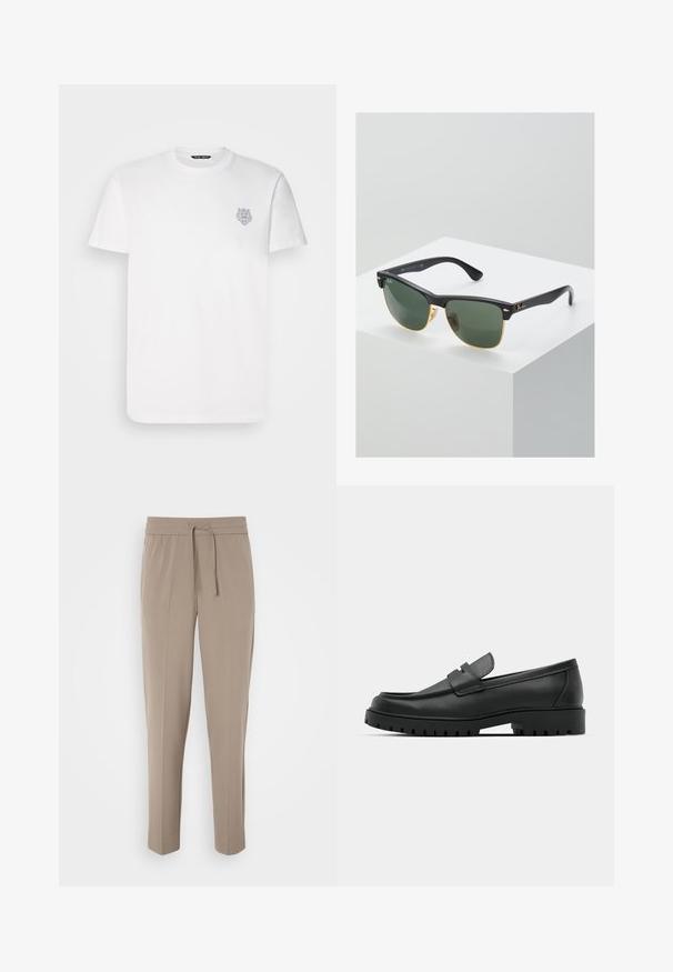 Camiseta de algodón blanca de manga corta y cuello redondo. Tiene un pequeño diseño gráfico gris de la cabeza de un león en el lado izquierdo del pecho.; Pantalones beige claros con cinturilla elástica, cordón ajustable y perneras estrechas. La tela parece suave con un ligero brillo.; Mocasines de cuero negro con punta redonda, que cuentan con un diseño cosido, suela de plataforma baja y una suela de goma texturada y con tacos.; Gafas de sol Ray-Ban con lentes verdes, montura de plástico negro y acentos dorados en los bordes. Forma cuadrada con acabado mate.