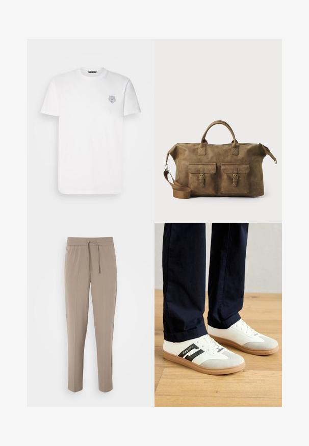 Camisola de algodão branca com mangas curtas e decote redondo. Apresenta um pequeno design gráfico cinza de uma cabeça de leão no lado esquerdo do peito.; Calças bege claras com cintura elástica, cordão ajustável e pernas ajustadas. O tecido parece suave com um leve brilho.; Tênis brancos e cinzentos com riscas pretas, feitos de couro, apresentando uma sola de borracha e atacadores planos. Usados com calças azul-marinho em um chão de madeira.; Mala de viagem em couro castanho com dois bolsos frontais, alça de ombro ajustável, acessórios dourados e alças superiores robustas. Textura suave.