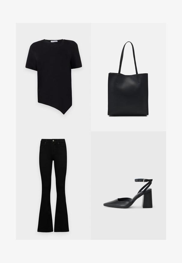 Must have lühikeste varrukatega must T-särk, millel on asümmeetriline alläär ja ümar kaelus; valmistatud pehmest ja siledast kangast ning minimalistlikust disainist.; Mustad kõrge vöökohtadega teksad, millel on nööp ja lukuga sulgemine, esikäe taskud ja laienevad sääred, asetatud tasasele valgele taustale.; Mustmustest must-käigukingad, millel on konksuga nöör ja paks konts. Ühtlane tekstuur, stiilne disain ja minimalistlik esteetika.; Mustast nahast kott sujuva tekstuuriga, ristkülikukujuline ja kahe pika sangaga. Pole nähtavat riistvara ega kaunistusi.