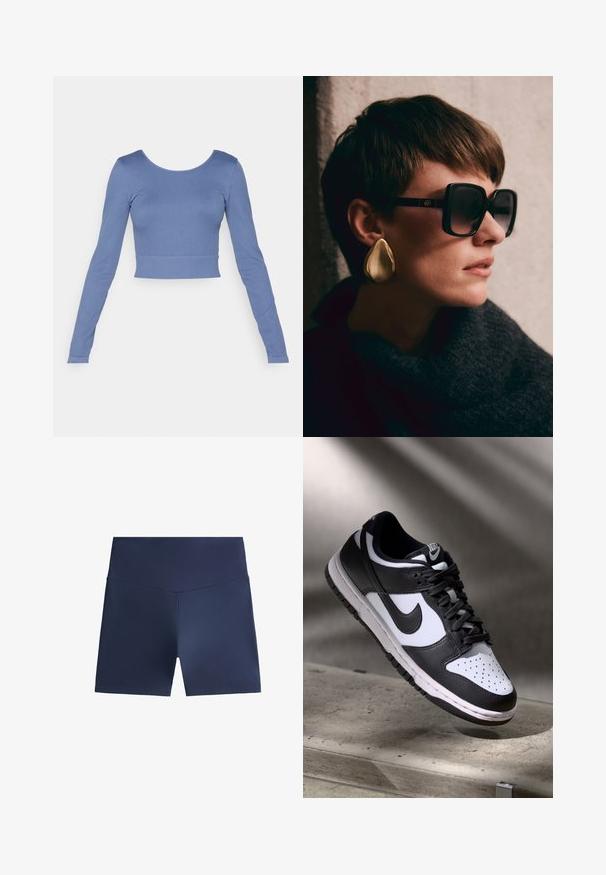 Long-sleeve, cropped top made of soft blue ribbed fabric. Features a round neckline and fitted design with minimal stitching detail.; Navy blue athletic shorts made of smooth, lightweight fabric. Fitted design with a high waistband. No visible patterns or hardware.; Black and white Nike Dunk Low sneaker with leather upper, perforated toe box, and black laces, featuring a white sole and logo accents.; Black oversized sunglasses with dark lenses and gold hardware, paired with a large, shiny gold teardrop earring. Dark textured scarf.