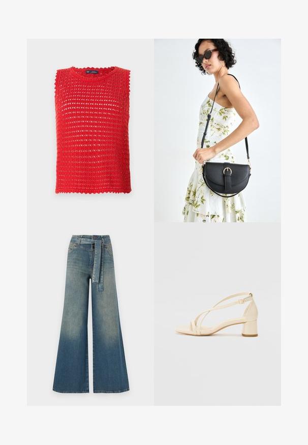 Sarkans bez piedurknēm adīts tops ar atvērtu adījumu, viļņotām malām un apaļu kakla izgriezumu. Viegls audums, kas ir ideāli piemērots siltam laikam.; Platām kājām džinsu bikses ar gaismas līdz tumši zilam gradientam, augstu jostas līniju, jostas cilpām un atbilstošu auduma jostu. Tekstūrēts džinsas apdare.; Beige augstiem papēžiem ar bloku, ar siksniņu dizainu un regulējamu potītes siksniņu, izgatavoti no gludas sintētiskas materiāla ar matētu apdari.; Melnas ādas rokassoma ar izliekta formu, noņemamu siksnu un zelta aksesuāriem. Somai ir vāciņš ar sprādzes detaļu.