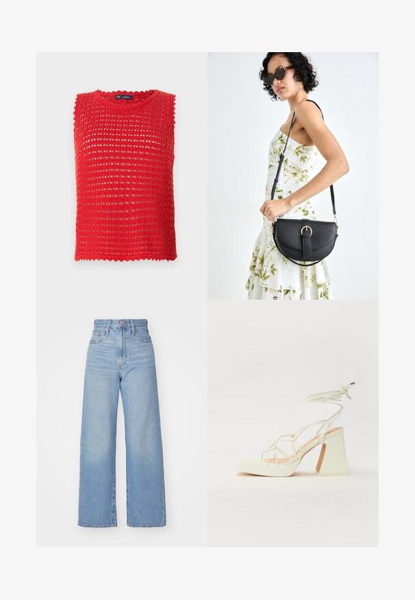 Czerwony bezrękawnik dzianinowy z otwartym splotem, falbaniastymi krawędziami i okrągłym dekoltem. Lekki materiał, idealny na ciepłe dni.; Jasnoniebieskie jeansy z wysokim stanem i szerokimi nogawkami, z zapięciem na guziki i zamek z przodu, przednie i tylne kieszenie, na białym tle.; Biała sandał na wysokim obcasie z masywnym słupkiem, z paskowym wzorem i wiązaniem przy kostce. Gładka faktura z platformą z przodu dla dodatkowej wysokości.; Czarna skórzana torebka o zakrzywionym kształcie, z odpinanym paskiem i złotymi akcentami. Torebka posiada klapę z zapięciem w kształcie klamry.