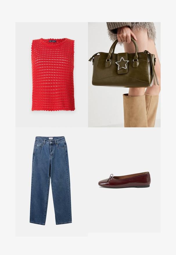 Rotes ärmelloses Stricktop mit offenmaschigem Design, gewelltem Saum und rundem Halsausschnitt. Leichte Stoffqualität, ideal für warmes Wetter.; Klassische blaue Denim-Jeans mit geradem Bein, fünf Taschen und Knopfverschluss. Sie verfügen über eine mittelblau gewaschene Optik und sind aus robuster Textur.; Burgunderfarbenes, lackiertes Ballettschuh mit abgerundetem Zehenbereich, kleiner Schleifenakzent vorne und einer niedrigen, schwarzen Gummisohle. Glatte Textur.; Olivgrünes Kunstlederhandtasche mit silbernem Sternakzent, doppelten Griffen und einem Reißverschluss. Strukturierten Form und texturierten Oberfläche.