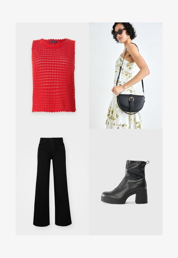 Sarkans bez piedurknēm adīts tops ar atvērtu adījumu, viļņotām malām un apaļu kakla izgriezumu. Viegls audums, kas ir ideāli piemērots siltam laikam.; Melni plaša kāju bikses, izgatavotas no džinsa, ar strukturētu jostu, jostu cilpiņām un priekšējām kabatām. Gluda tekstūra ar klasisku dizainu.; Melni potītes zābaki, kas izgatavoti no gludas ādas, ar sānu rāvējslēdzēju, masīvu strukturētu papēdi un noapaļotu purngalu.; Melnas ādas rokassoma ar izliekta formu, noņemamu siksnu un zelta aksesuāriem. Somai ir vāciņš ar sprādzes detaļu.