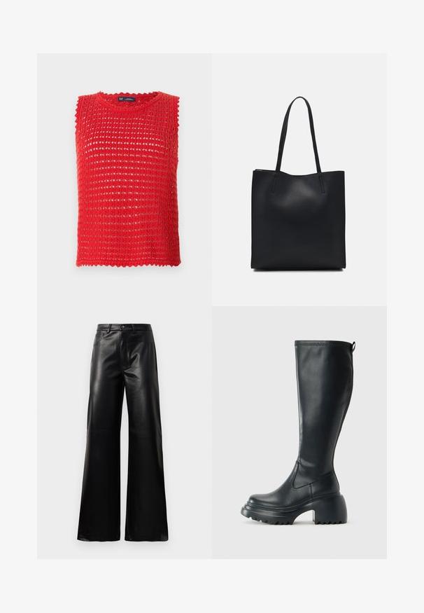 Rdeča brezrokavna pletena majica z odprto pletenino, valovitimi robovi in okroglim ovratnikom. Lahka tkanina, idealna za toplo vreme.; Črne široke hlače iz umetnega usnja z visokim pasom, sprednjim gumbom, zadrgo, zanke za pas in stranskimi žepi na beli podlagi.; Visoka črna usnjena škornja s debelim podplatnim solejem in blok peto, opremljena s potegom in strukturiranim profilom na podplatu.; Črna usnjena torba s svilnato teksturo, pravokotne oblike in dvema dolgima ročajema. Brez vidnih metalnih delov ali okrasnih elementov.