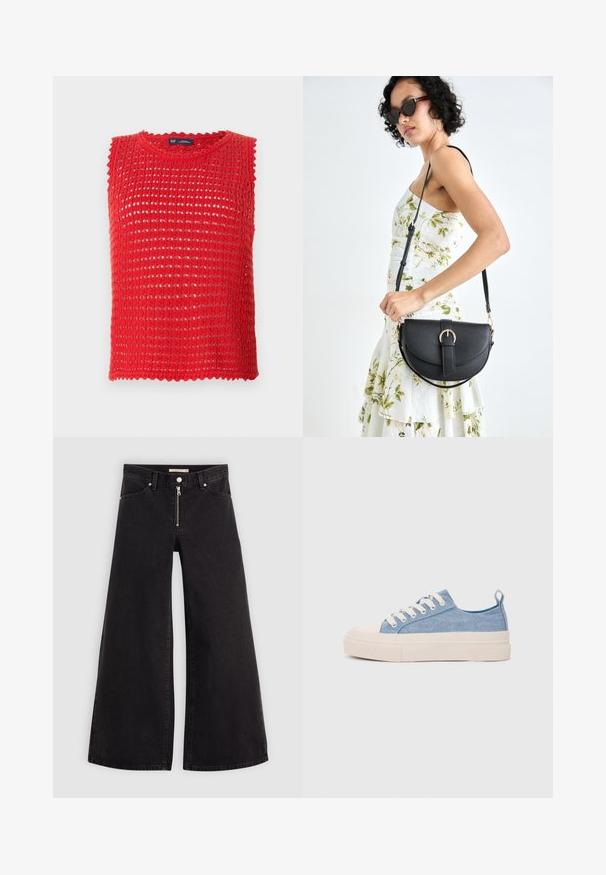 Rød ermeløs strikket topp med åpen vevdesign, bølgede kanter og rund hals. Lett stoff, ideelt for varmt vær.; Vide benbukser i sort denim med glidelås i front, fem-lomme design og subtile sømdetaljer. Glatt tekstur og avslappet stil.; Lys blå canvastøfler med en kremfarget gummitupp og yttersåle, med hvite snørebånd og en løfteløkke på hælen.; Svart lærveske med en buet form, avtagbar stropp og gullbeslag. Vesken har et klaff med spenne-detall.
