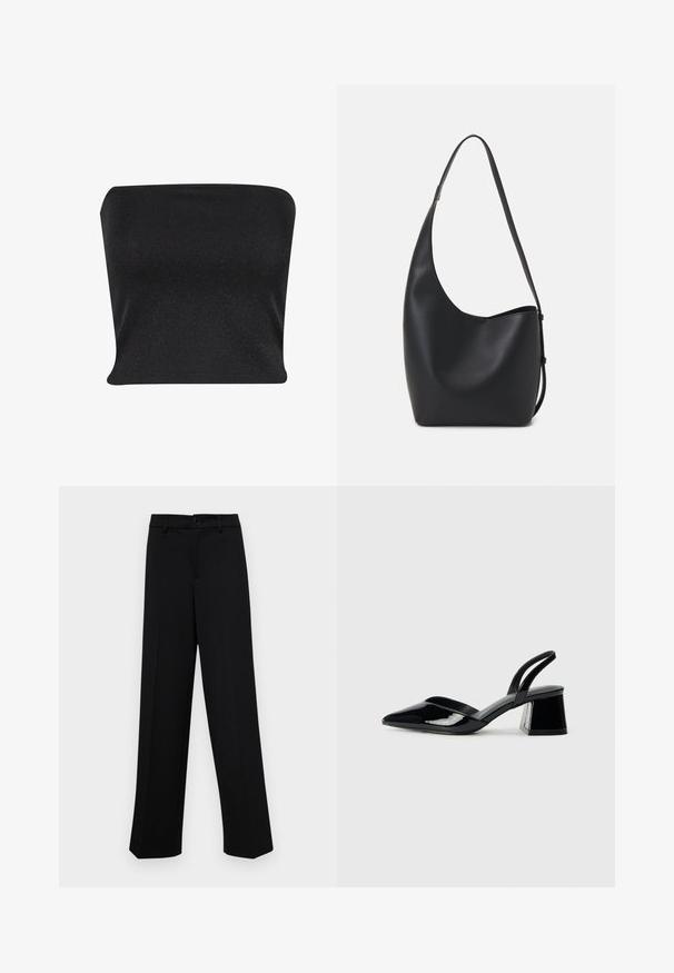 Top negro sin tirantes hecho de un material suave y brillante. Presenta un diseño ajustado sin costuras, ofreciendo una silueta elegante.; Pantalones de pierna ancha negros, hechos de un tejido suave, con una cintura clásica que incluye un cierre de botón y pliegues frontales.; Zapatos de tacón slingback de charol negro con punta afilada y tacón geométrico en bloque. Presentan un diseño elegante y minimalista, así como una textura suave.; Bolso tipo hobo de cuero negro con una textura suave, forma curvada y una sola correa ajustable; presenta una amplia apertura en la parte superior.