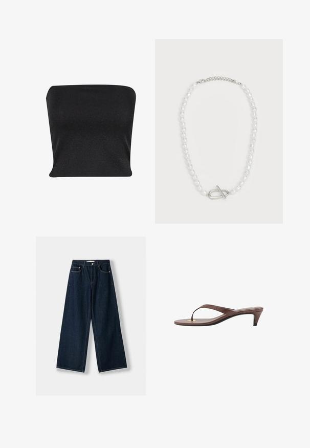 Mustat hihattomat yläosat, jotka on valmistettu sileästä, hohtavasta materiaalista. Ominaisuuksina istuva muotoilu ilman saumoja, joka antaa virtaviivaisen siluetin.; Tummansinisiä, leveälahkeisia farkkuja. Ominaisuuksiin kuuluu viisi taskua, nappi- ja vetoketjukiinnitys sekä kontrastoväriset ompelut.; Kahvoit varrelliset flip-flop sandaalit, joissa on hoikka hihna ja pyöristetty varvasosa, sekä pieni kultainen yksityiskohta pohjalla.; Valkoinen helminauha, jossa on vaihtelevaa muotoa ja kokoa, varustettuna hopeisella lukolla. Tasainen tekstuuri ja kiiltävä pinta.