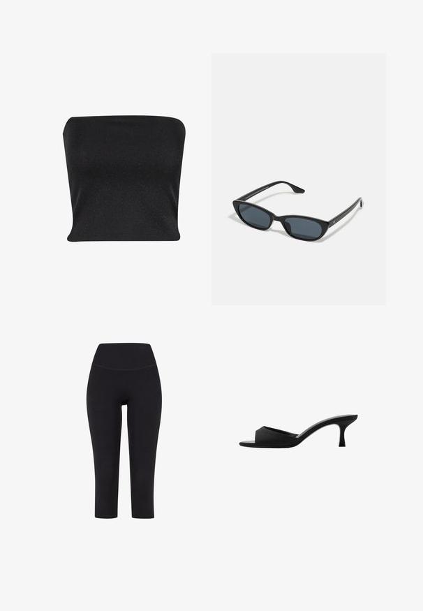 Črn brezramen top, izdelan iz gladkega, svetlečega materiala. Ima prilegajoč dizajn brez šivov, kar nudi eleganten silhuet.; Črne legice do tri četrtine, izdelane iz elastičnega materiala, z visokim pasom in brez vidnih vzorcev ali dodatkov.; Črne natikače na peto z širokim, odprtim prstom in ukrivljenim zgornjim delom. Narejene iz teksturiranega materiala, imajo vitko peto in gladko podplat.; Črne mačkaste sončne očala z temnimi lečami, plastičnim okvirjem, ozkimi stebli ter diskretnim logotipom na notranji strani ročaja. Mat zaključna tekstura.