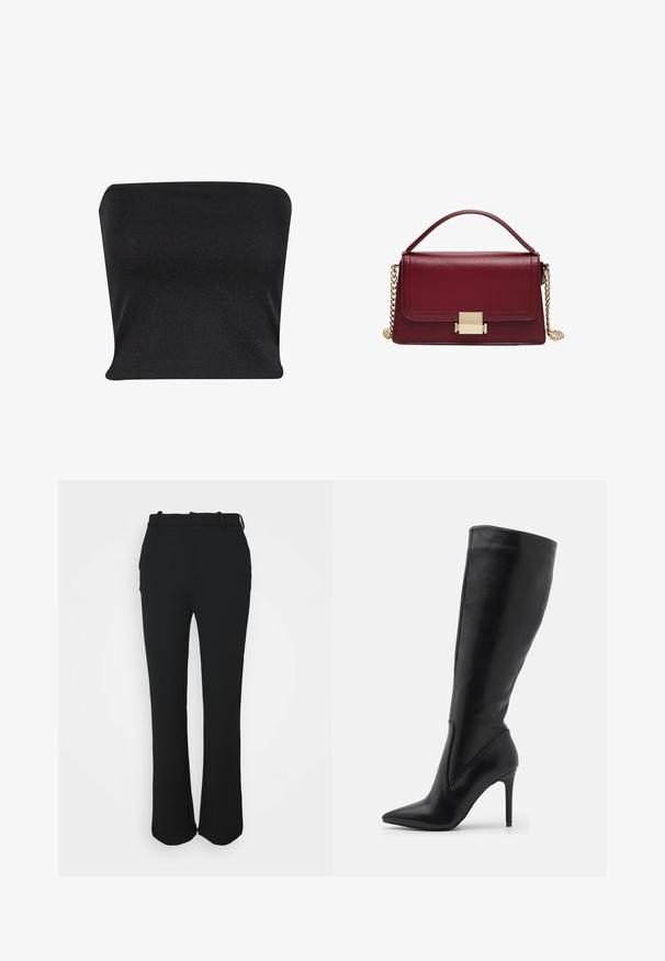 Czarny top bez ramiączek wykonany z gładkiego, lśniącego materiału. Posiada dopasowany fason bez szwów, co zapewnia smukłą sylwetkę.; Czarne, dopasowane spodnie z gładkim wykończeniem, prostą nogawką i paskiem w talii. Posiadają subtelne detale w postaci przeszyć i brak kieszeni.; RAID KIYOMI czarny; Bordowa skórzana torebka o wyważonym designie, z zapięciem w kolorze złotym i odpinanym łańcuszkiem. Gładka tekstura i prostokątny kształt.