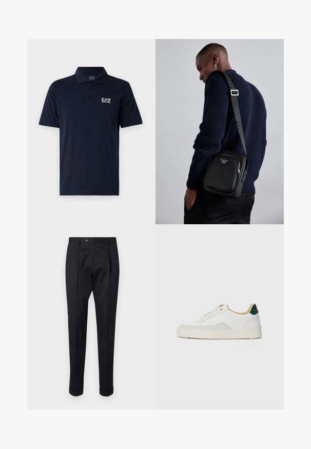 Tamsiai mėlynas polo marškinėliai, pagaminti iš medvilnės, su apykakle, trumpomis rankovėmis ir baltu EA7 logotipu kairėje krūtinės pusėje. Klasikinio rašto dizainas.; Juodos kelnės pagamintos iš lygaus audinio, su raukšle priekyje, mygtuko uždarymu ir suknežintomis rankovėmis ties kulkšnimi.; Baltos sportbačiai su zomšos akcentais, apvaliu nosiu, plokščiais raišteliais ir kreminės spalvos guminiu padu. Ant kulno yra žalia ženklinimo detalė.; Juodas odinis kryžiumi nešiojamas krepšys su užtraukiamu skyriumi, logotipo detale ir prekinio ženklo reguliuojama juosta. Dėvimas ant tekstūrinio tamsiai mėlyno megztinio.