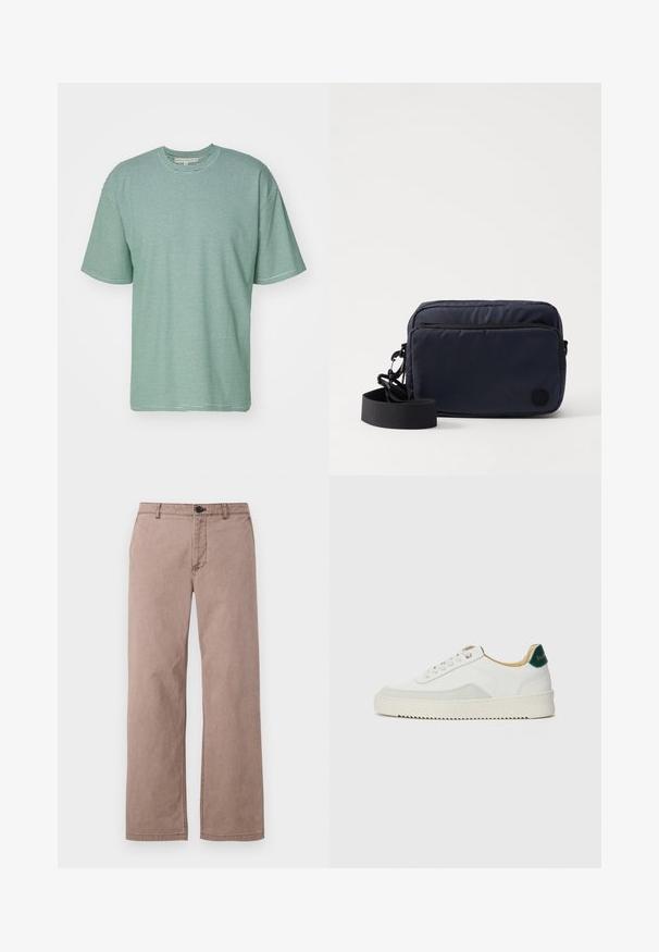 Svītrainā krekls gaiši zaļā krāsā ar tumši zaļām horizontālām svītrām. Īsām piedurknēm, apaļa apkakle, brīvs piegriezums. Mīksta auduma struktūra.; Brūnas kokvilnas bikses ar taisnu sagriezumu, priekšējām kabatām, jostu cilpām un augšējo pogu aizdari. Gluda tekstūra ar minimāliem šuvju detalizējumiem.; Baltas sneakers ar zamša akcentiem, noapaļota purngala, plakaniem auklām un krēmkrāsas gumijas zoli. Ar zaļu zīmolu uz papēža.; Tumši zilas krāsas taisnstūra pleca soma, kas izgatavota no teksturēta neilona, ar priekšējo rāvējslēdzēja kabatu un regulējamu siksnu. Logo ir iepresēts sānos.