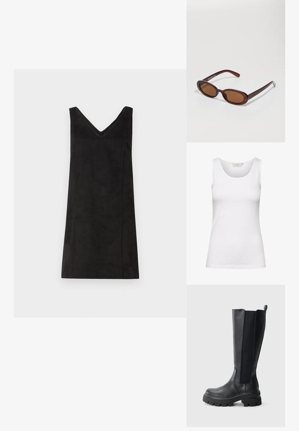 Hvid bomulds tanktop med scoop halsudskæring og slim fit. Viser en glat tekstur og minimal syning, velegnet til lagdeling.; Sort ærmeløs kjole med V-udskæring, fremstillet af et blødt materiale, med en lige pasform og minimal detaljering. Glat tekstur.; Sorte knæhøje støvler med en glat læderoverflade og kontrasterende elastiske sidepaneler. Tykk gummisål med markant mønster.; Runde, bruntonede solbriller med en glansfuld bordeauxramme. Slanke arme med diskret brandingdetalje. Flad linsedesign.; Vævnet bordeaux læder taske med en afrundet krop, tyk håndtag og lynlåsåbning. Har en glat tekstur og sammenflettet mønster.