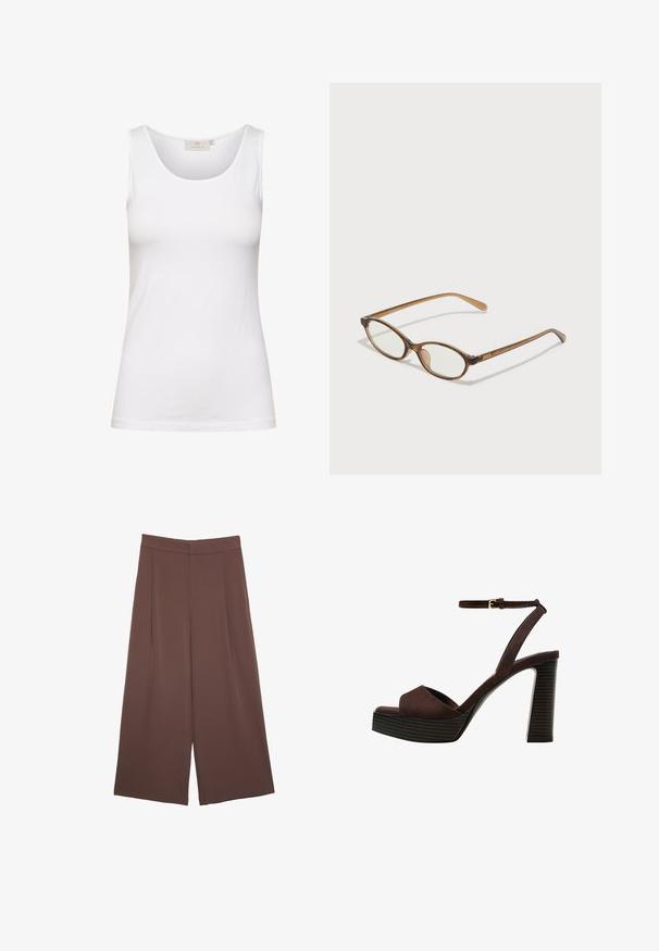 Weißes Baumwoll-Tanktop mit Rundhalsausschnitt und schmaler Passform. Zeigt glatte Textur und minimale Nähte, ideal zum Layering.; Braune Weite-Leg-Hosen mit einer glatten Textur, hoher Taille und Vorderfalten. Der Stoff ist leicht und fällt locker.; Braune Wildleder-Pumps mit offenem Zeh, verstellbarem Knöchelriemen und gestreiftem Plateausohlen.; Braune Schildpatt-Brille mit ovalen Gläsern, dünnen Bügeln und transparenten Akzenten. Verfügt über ein dezentes Logo am Bügel. Elegantes, leichtes Design.